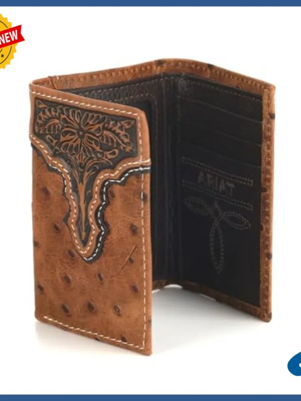 Genuine Leather Tri-Fold Wallet with Ostrich Print and Floral Embossing